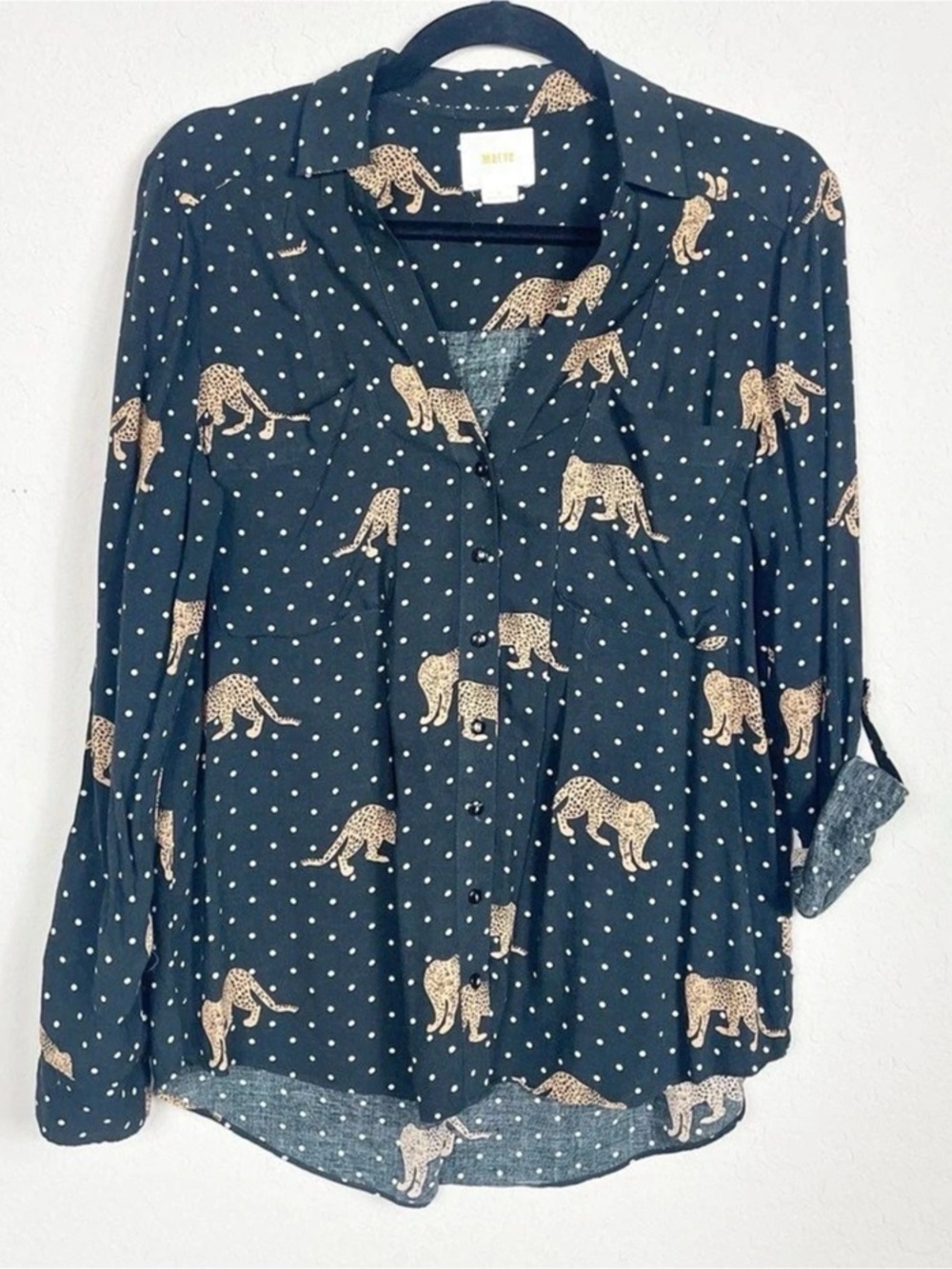 Maeve Casia Leopard Cheetah Dot Print Blouse Blue & White Size 6